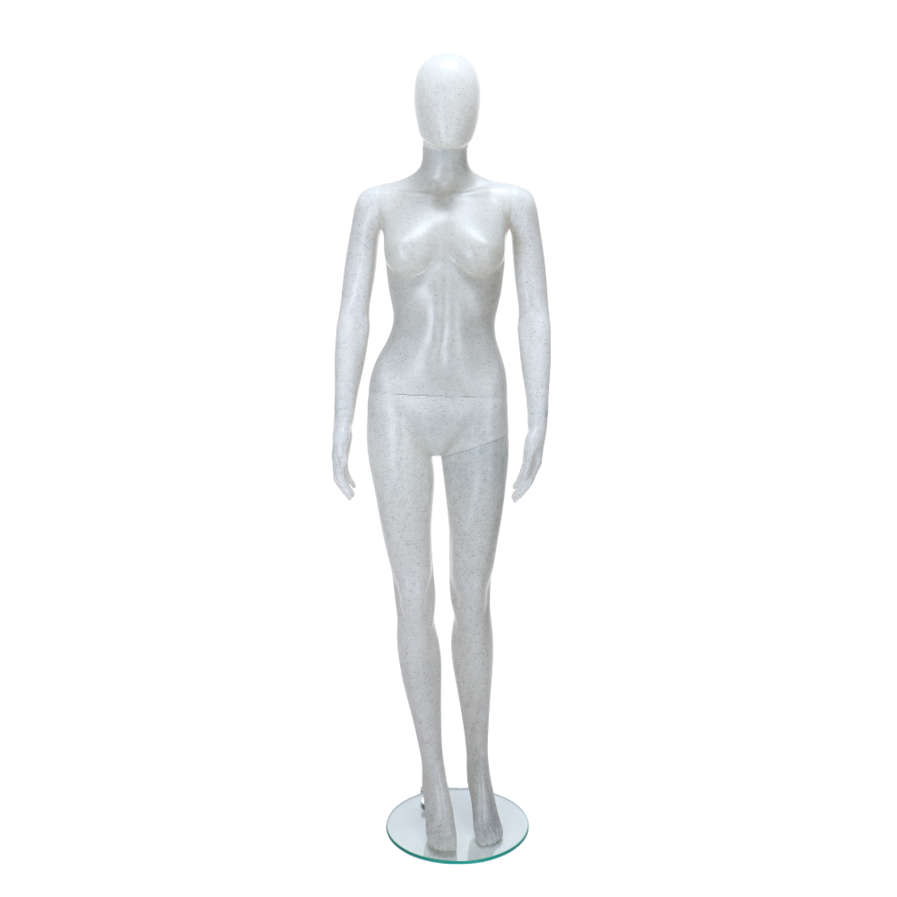 Contemporary standing female mannequin in matt white with black flecks, featuring an egghead design for stylish merchandising.
