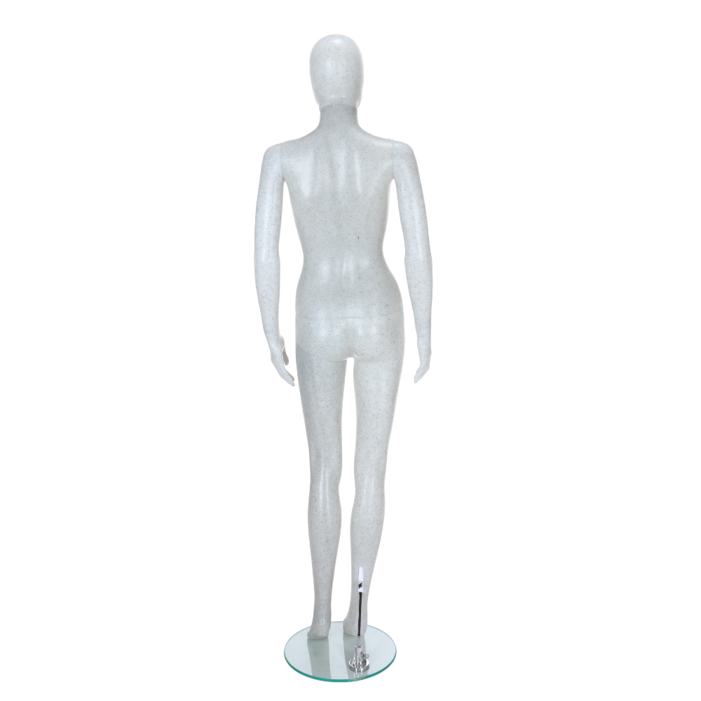 Minimalist egghead female mannequin in matt white with black flecks, standing pose, perfect for elegant visual merchandising.
