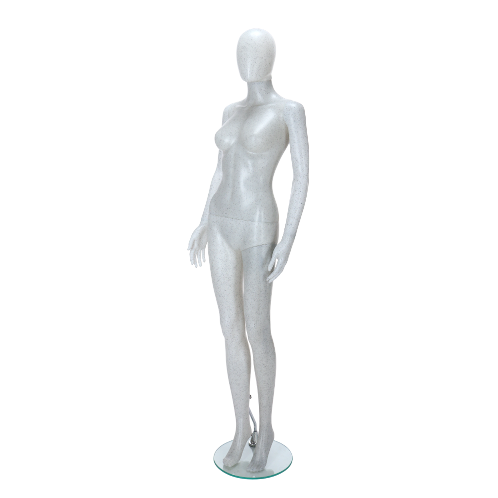 Matt white egghead female mannequin with black flecks, standing pose, perfect for modern retail displays.
