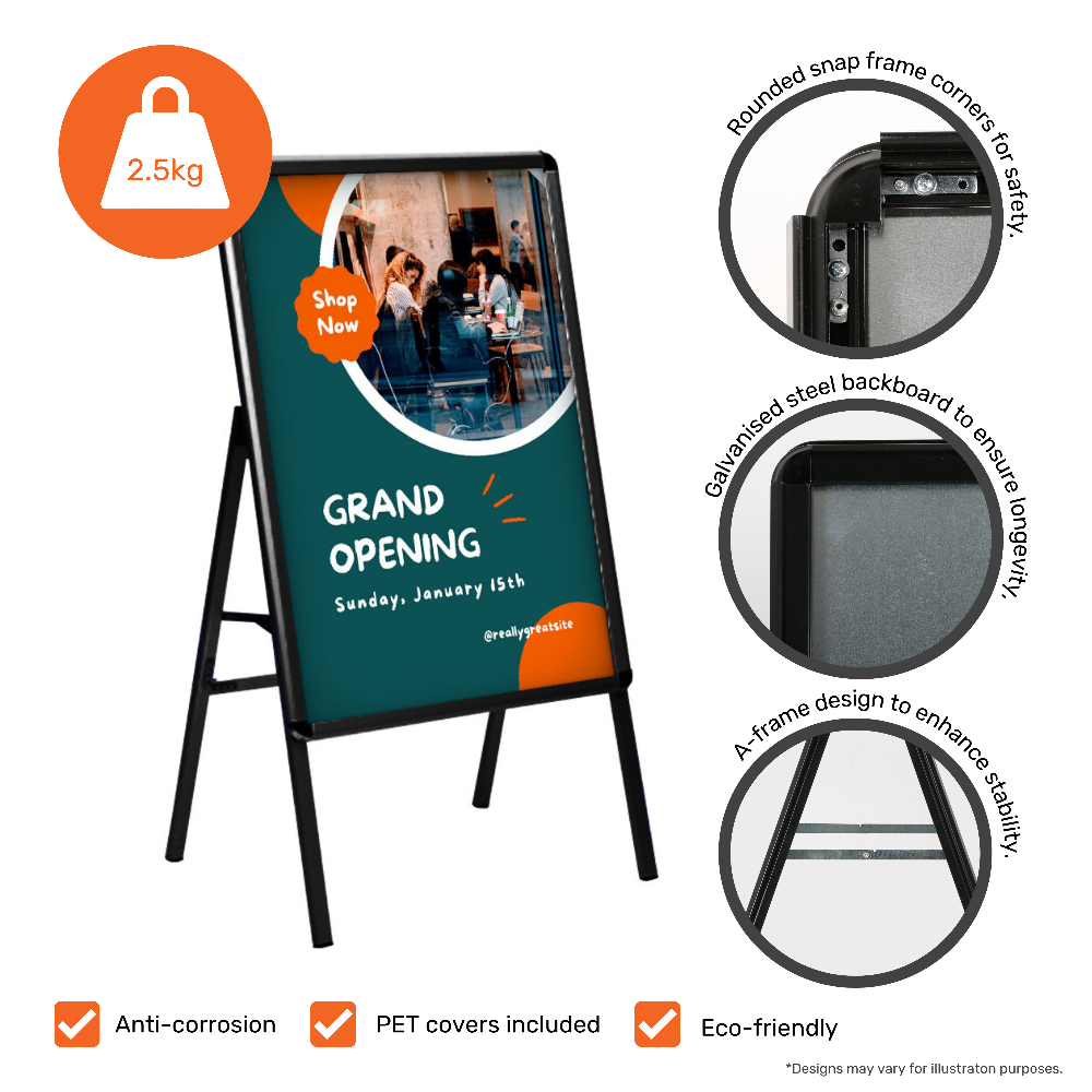 Weather-resistant A1 black A-board pavement sign, perfect for shopfronts, cafés, and events.
