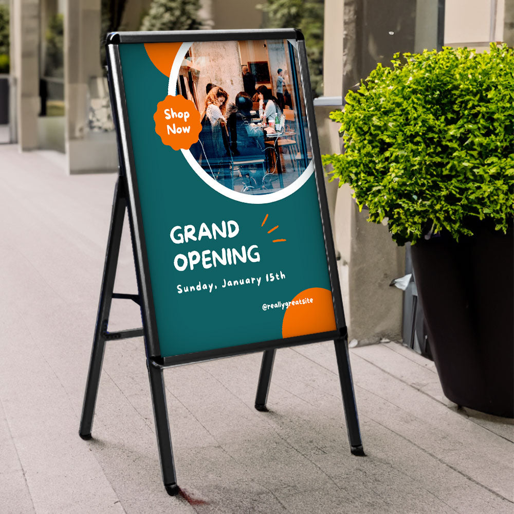 One-sided A1 black A-board pavement sign, ideal for outdoor advertising and promotions.
