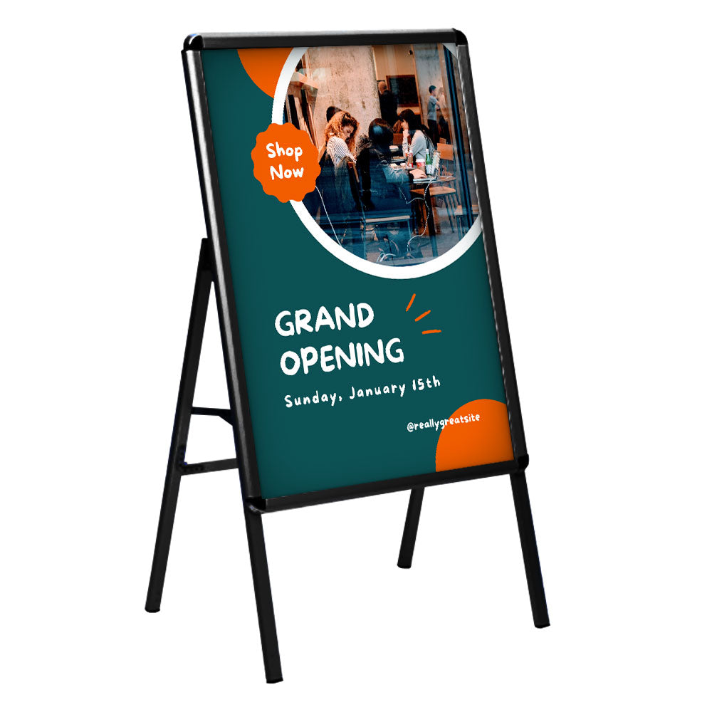 Durable black A1 A-frame pavement sign with a sturdy one-sided display for posters and notices.
