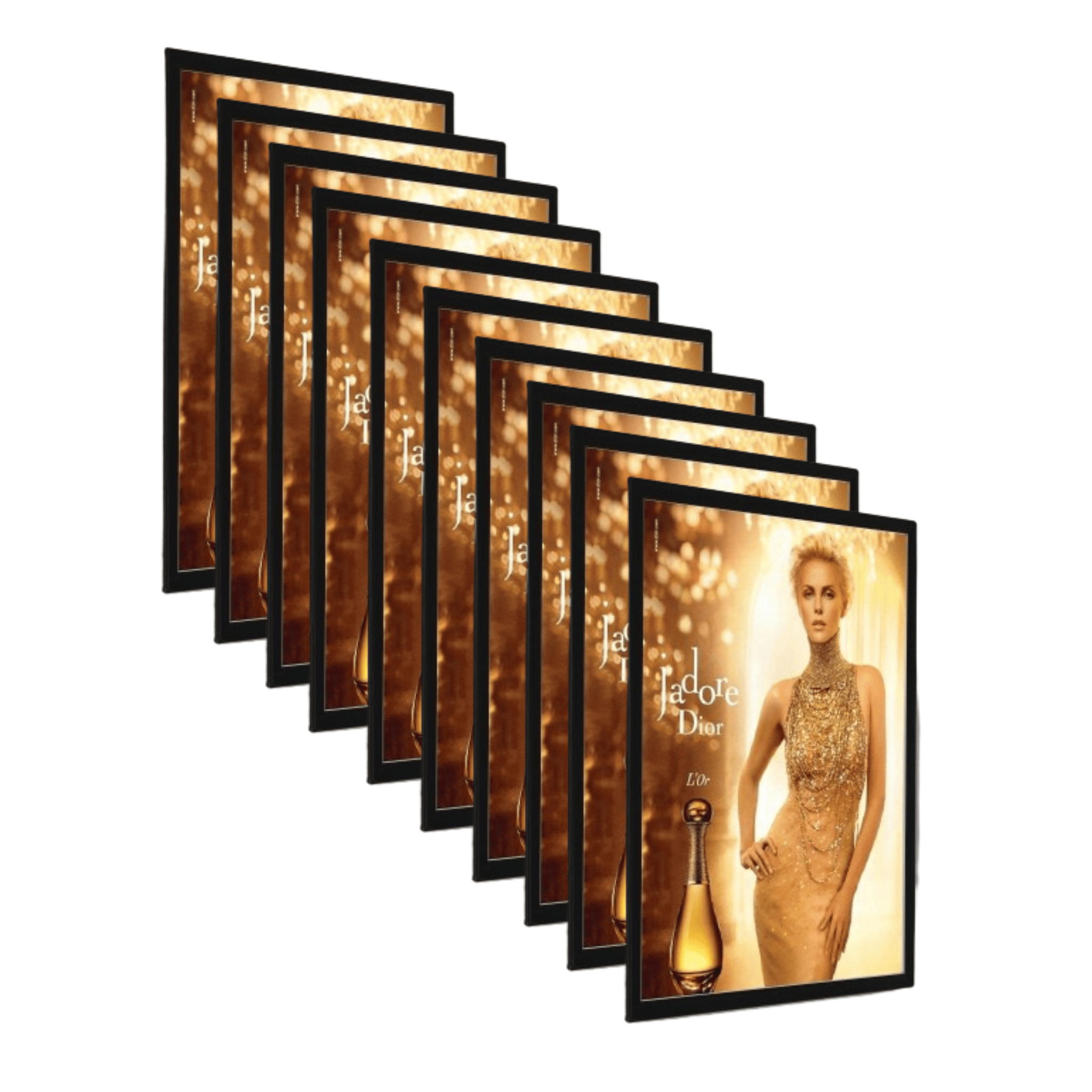 Pack of 10 A1 black poster snap frames with a 25mm mitred frame and wall fixings for secure and stylish display.
