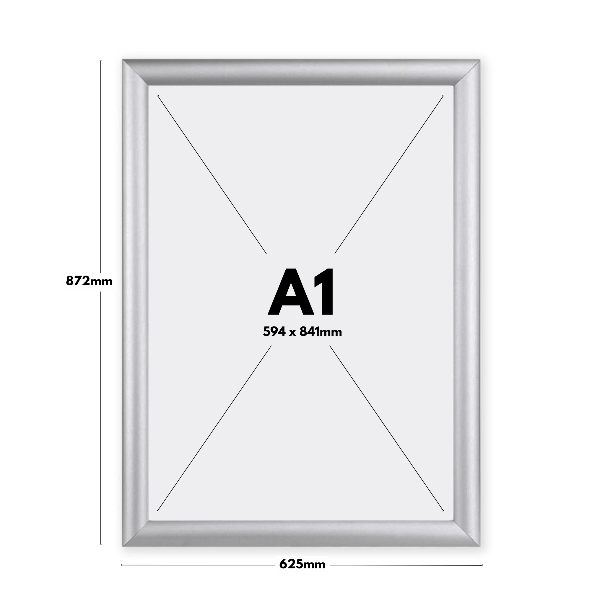 Durable pack of 10 A1 poster snap frames in silver with a 25mm mitred edge, including wall fixings for hassle-free setup.