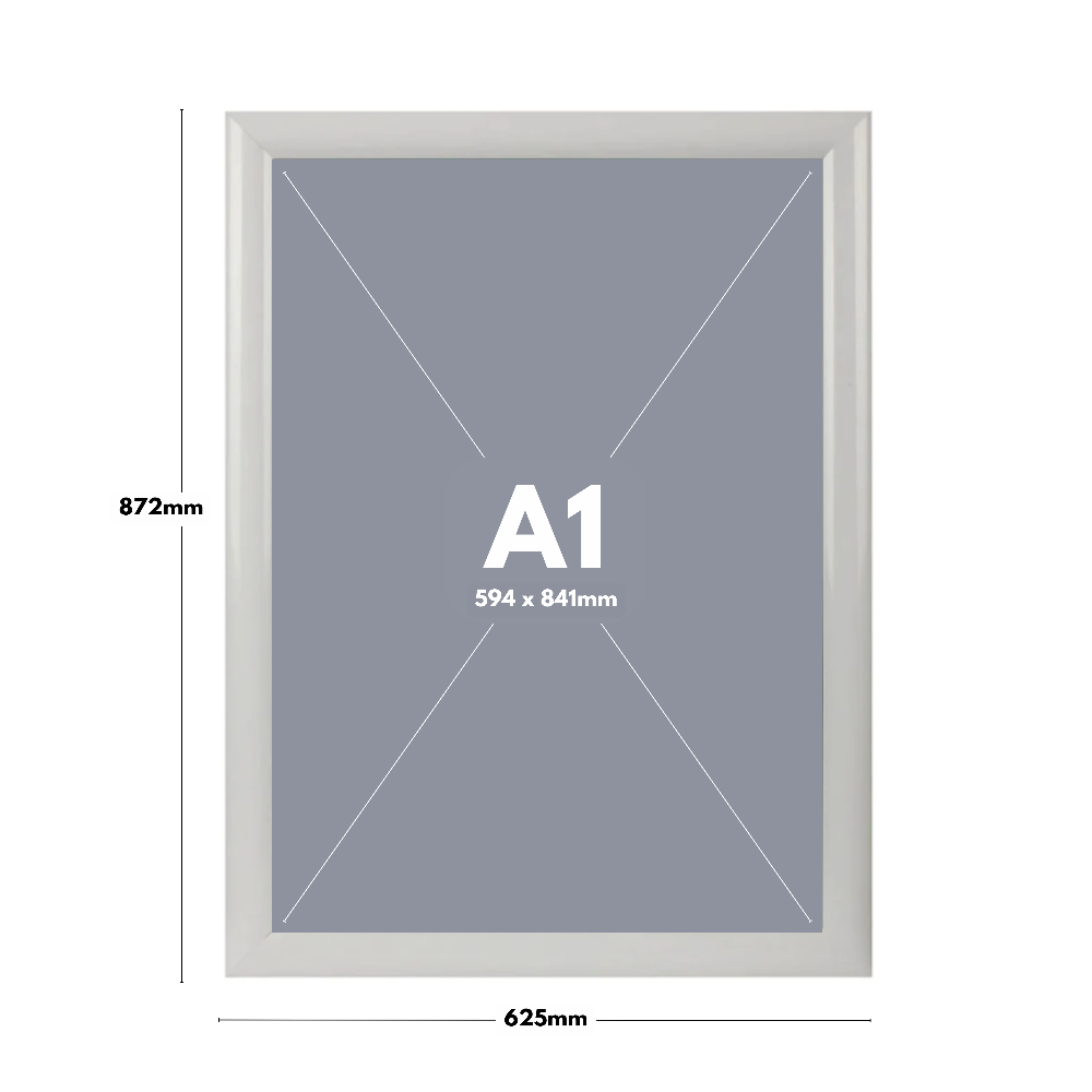 Durable A1 poster snap frames in white, pack of 10, with a 25mm mitred frame and secure wall fixings included.
