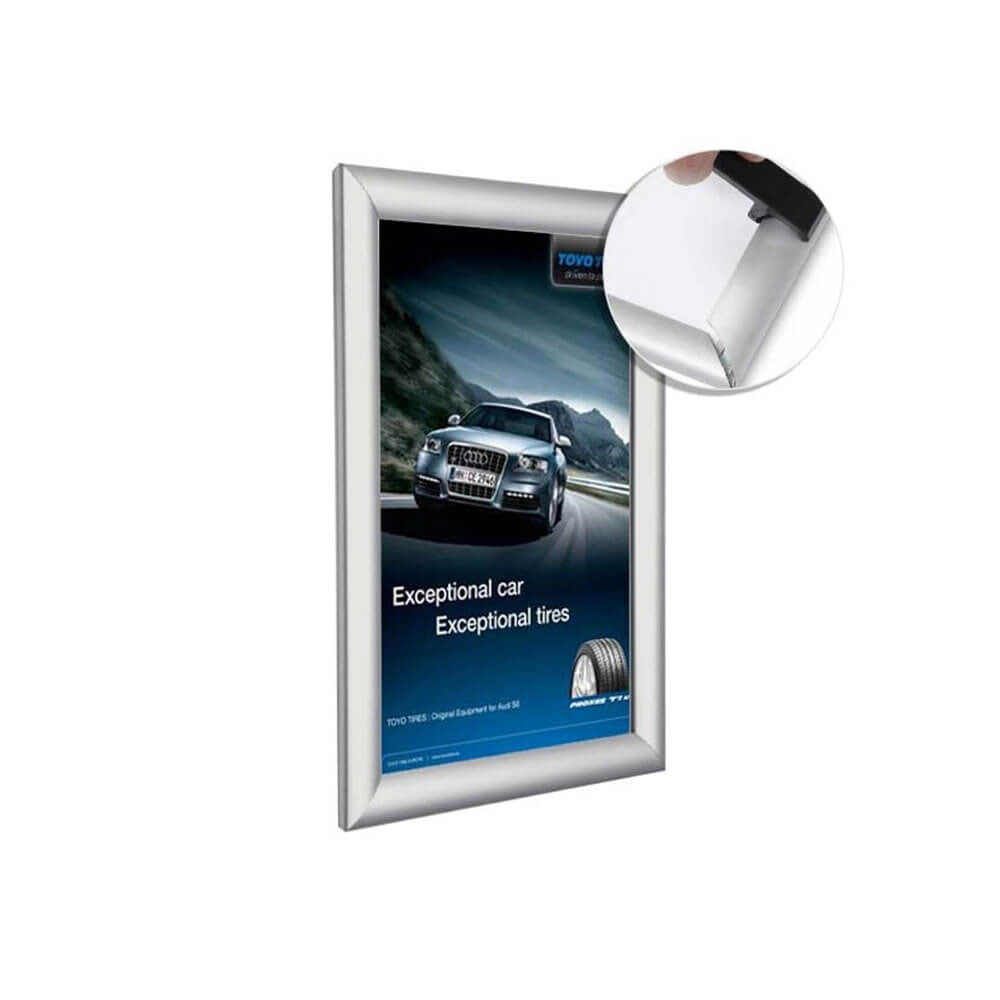 Professional A2 anti-tamper poster snap frames in silver, pack of 10, featuring a 25mm mitred frame and wall fixings for easy installation.
