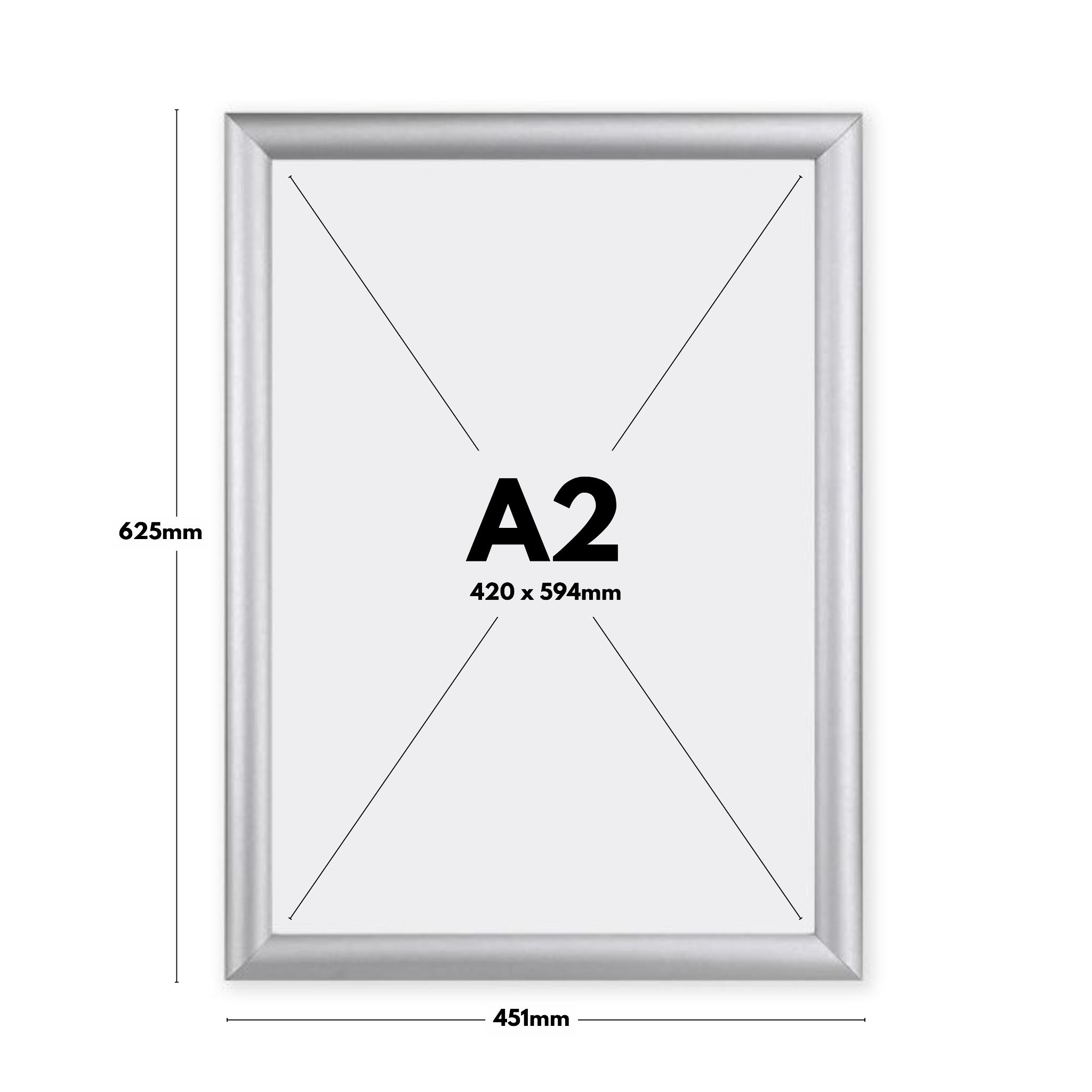 Professional A2 poster snap frames in silver, pack of 10, featuring a 25mm mitred frame and wall fixings for quick and easy setup.
