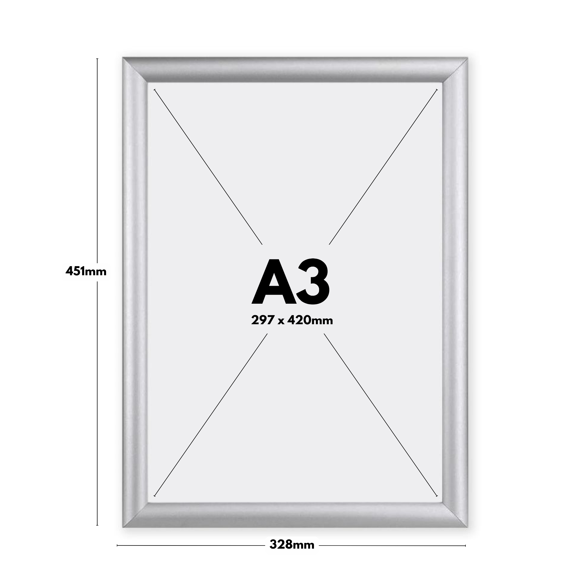 Professional A3 anti-tamper silver poster frames with a 25mm snap-open mitred design, supplied in a pack of 10 with wall fixings.
