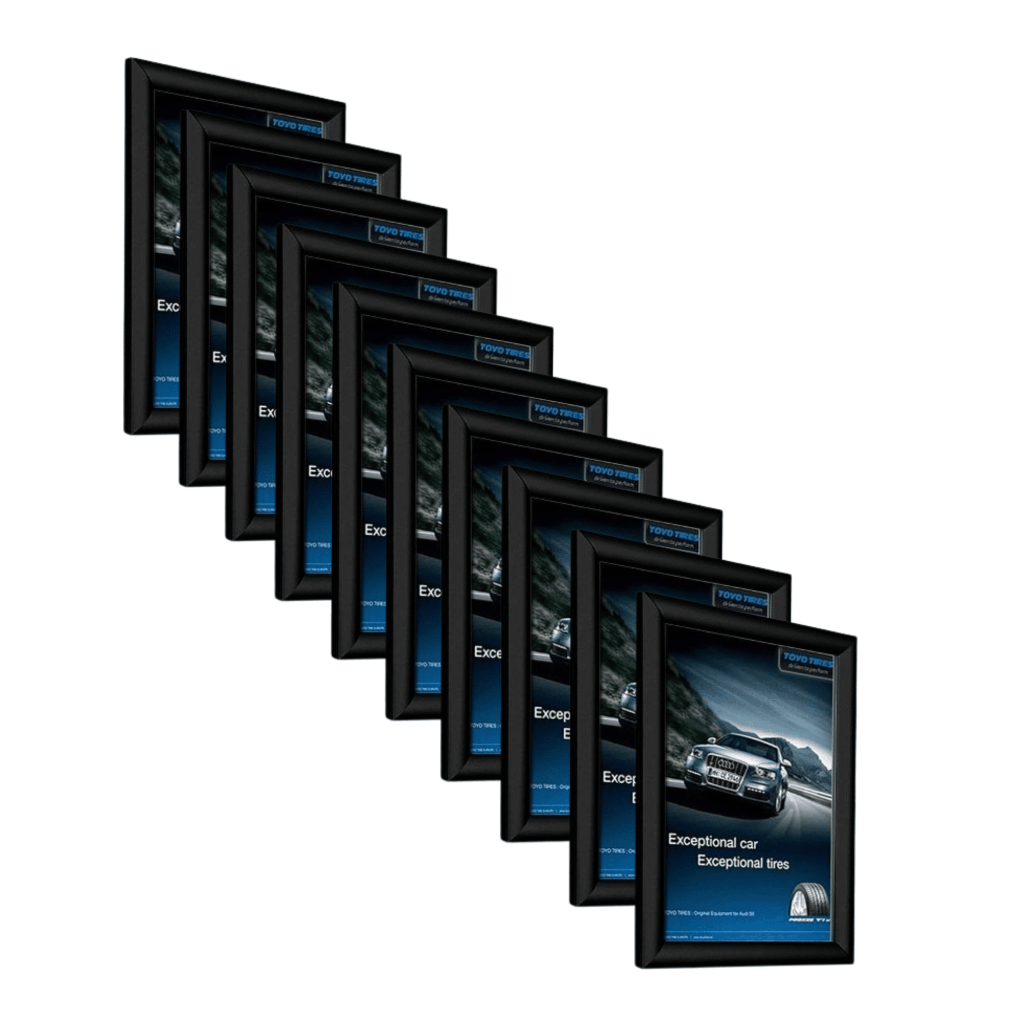 Pack of 10 A4 black poster snap frames with a 25mm mitred frame design and wall fixings for easy mounting.
