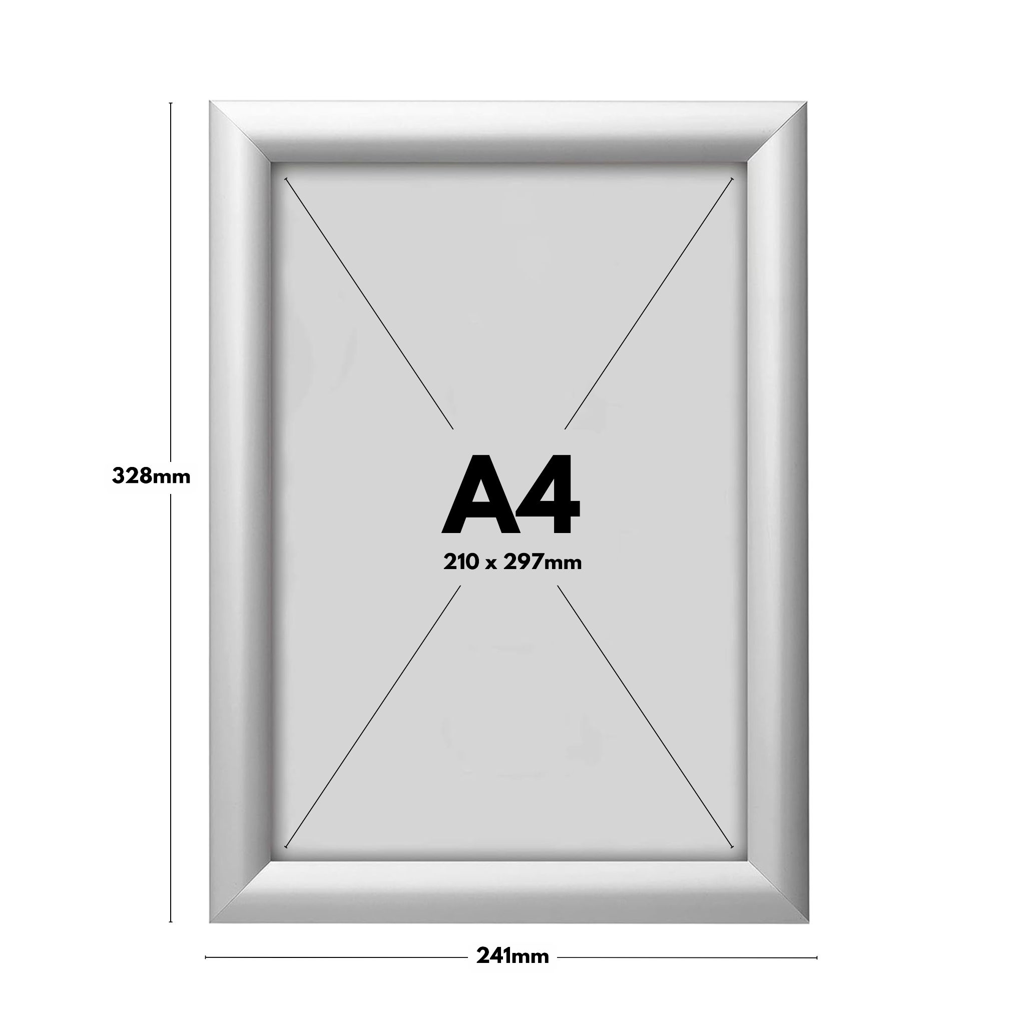 Professional-quality A4 silver snap frames in a 10-pack, featuring a 25mm mitred aluminium frame and wall fixings for secure display.