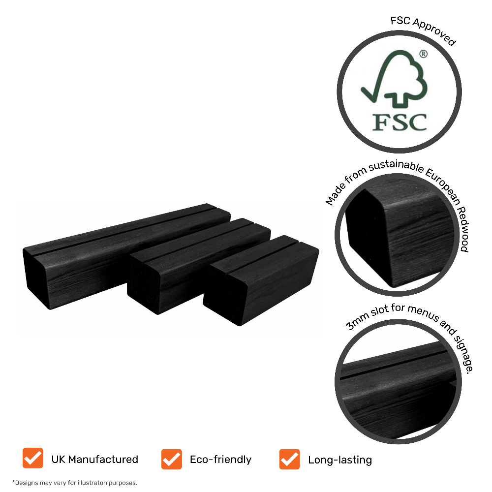 Set of 10 sleek black wooden menu blocks, ideal for holding menus, signs, and promotional materials.

