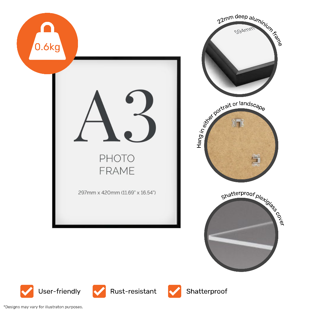 12-pack of A3 black aluminium certificate frames with plexiglass, ideal for portrait and landscape wall display.
