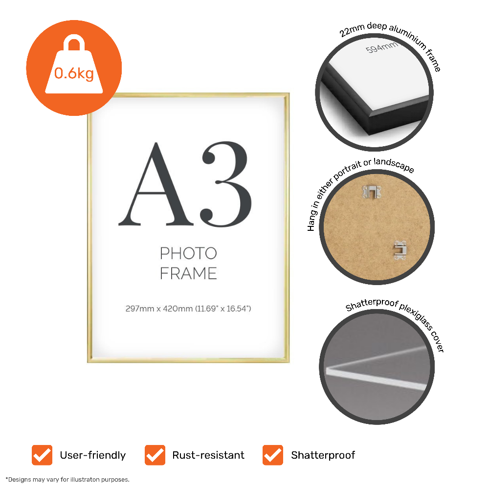 Durable A3 gold aluminium certificate frames in a pack of 12, featuring a plexiglass front for secure document display.
