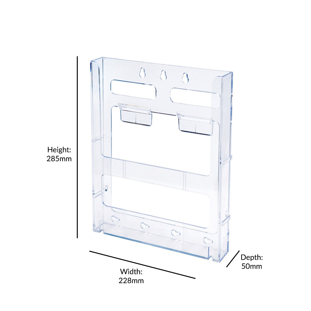 Pack of 12 sleek A4 portrait brochure holders for wall mounting, perfect for saving counter space.