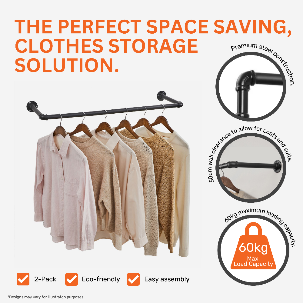 Durable black metal pipe clothes rails, pack of 2, wall-mounted design with a 920mm width for space-saving storage.
