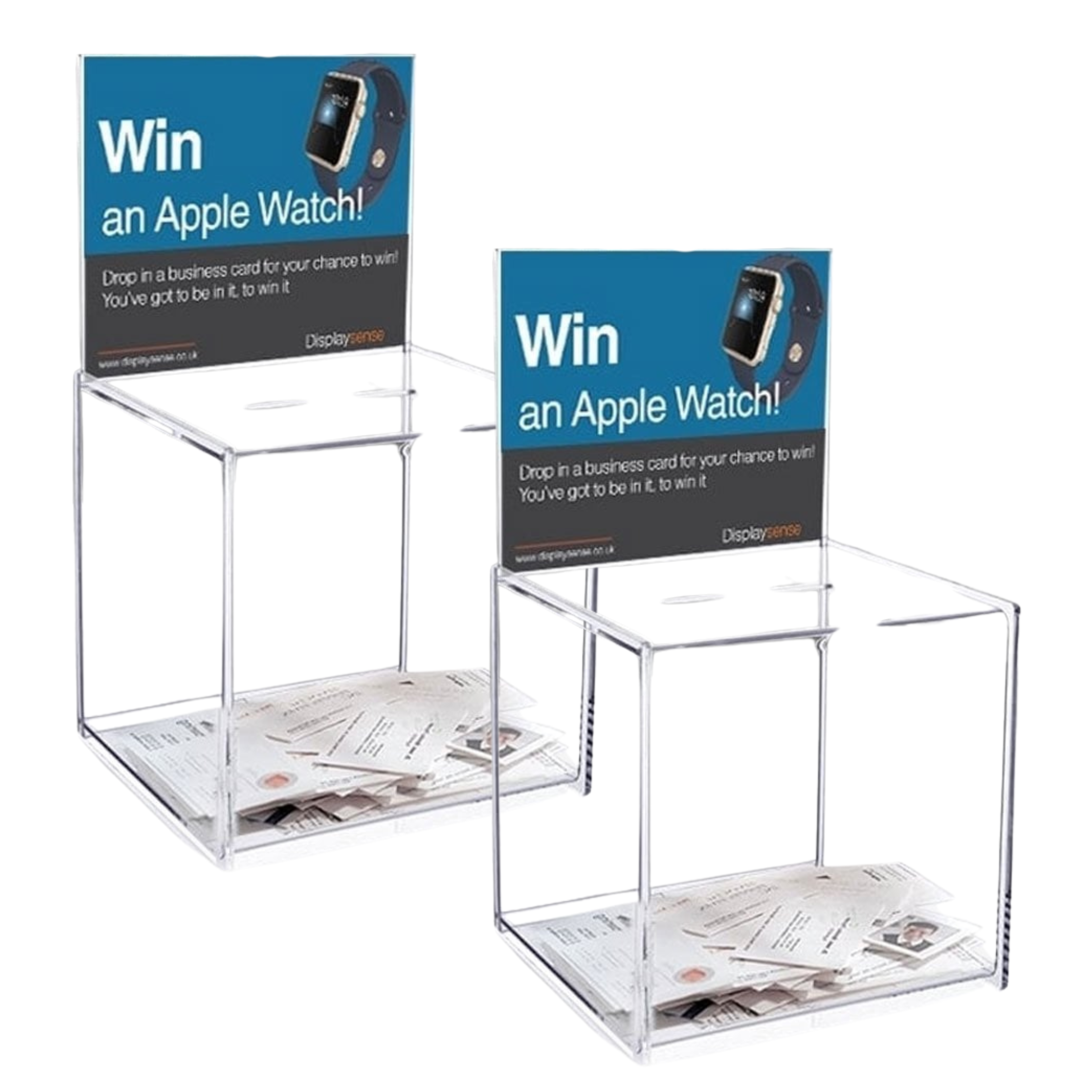 Pack of two medium-sized clear acrylic suggestion boxes with inserts for feedback or notes.
