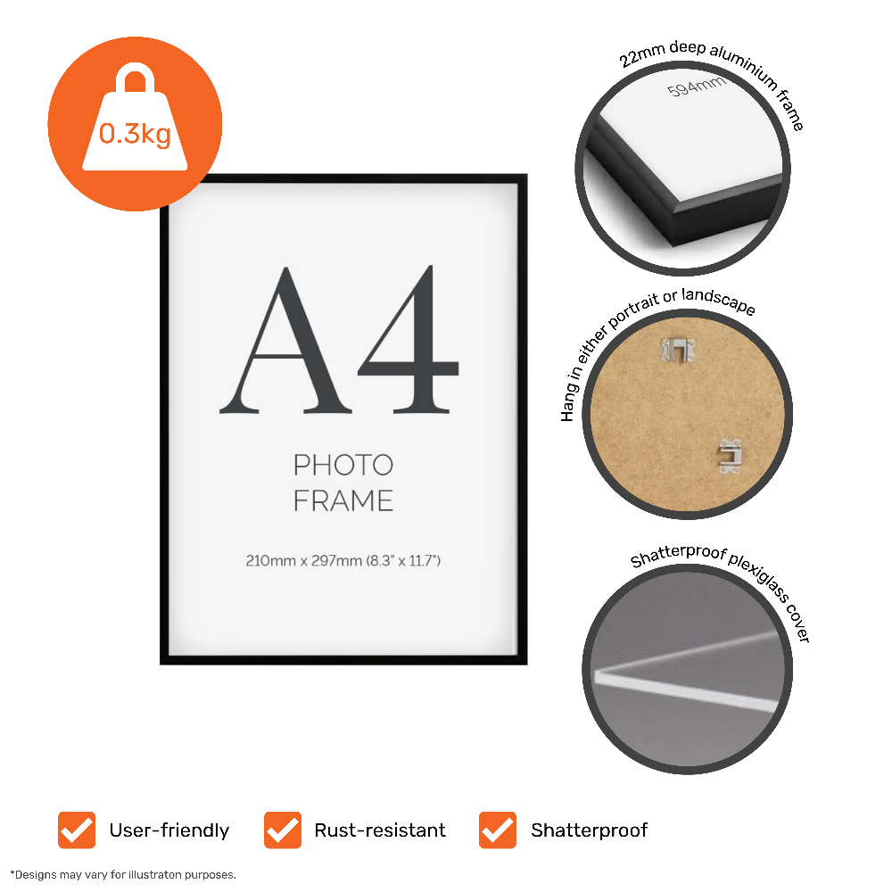 Durable A4 black aluminium certificate frames in a pack of 24, featuring a plexiglass front for secure document display.
