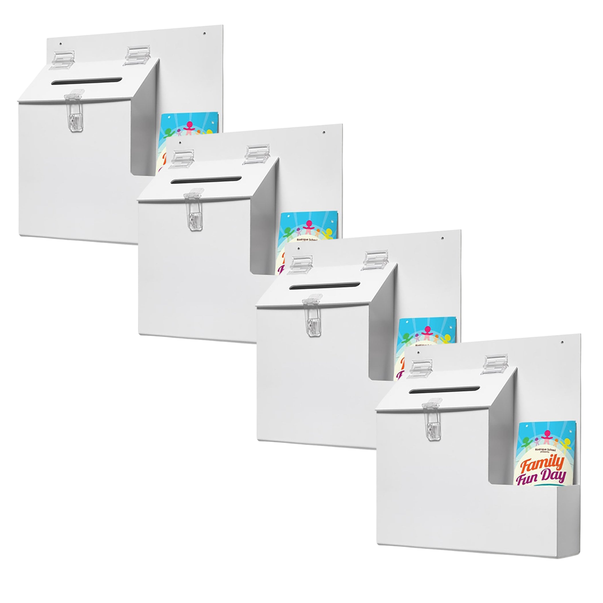 Pack of four white acrylic lockable suggestion boxes with integrated leaflet holders.
