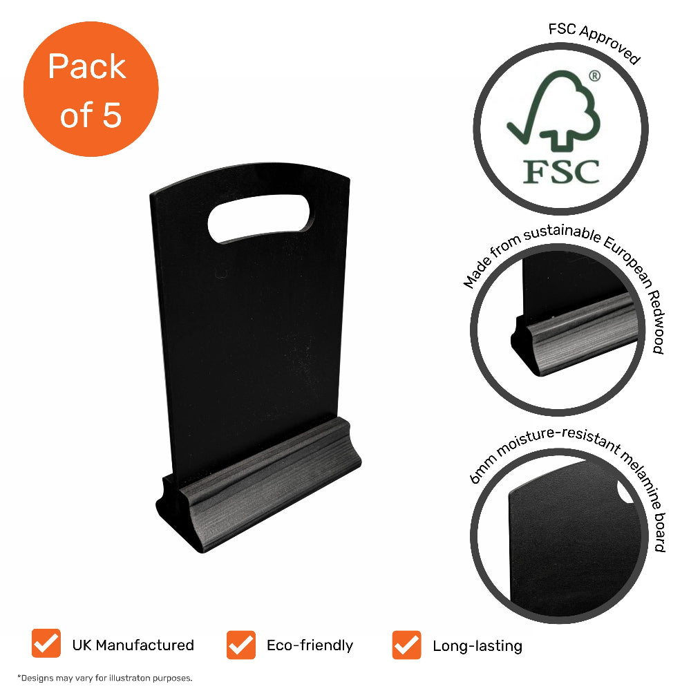 Pack of 5 freestanding black A5 chalkboards on wooden bases, great for writing menus, offers, or event signage.
