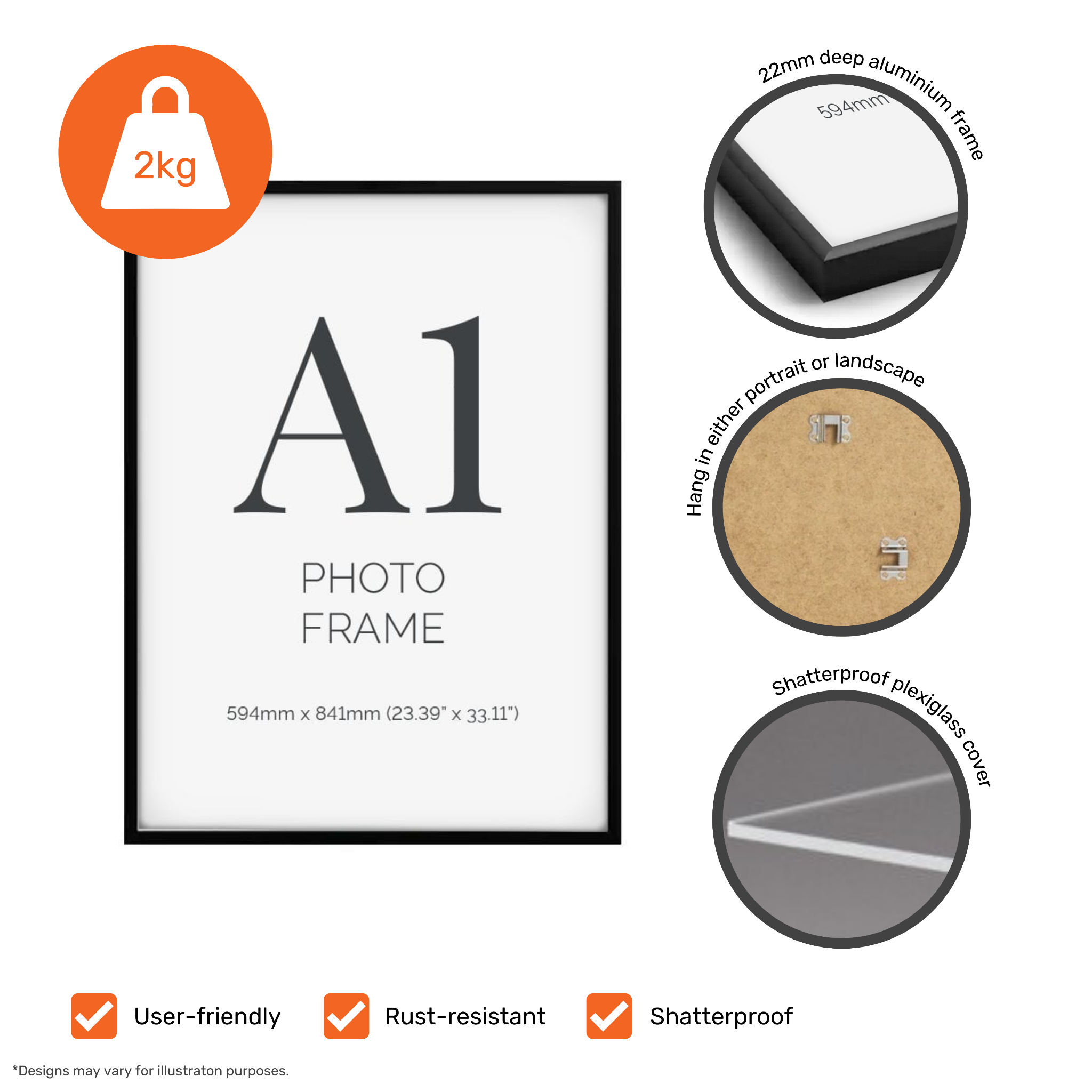 A1 black aluminium certificate frames in a pack of six, featuring a plexiglass front for secure portrait or landscape wall display.
