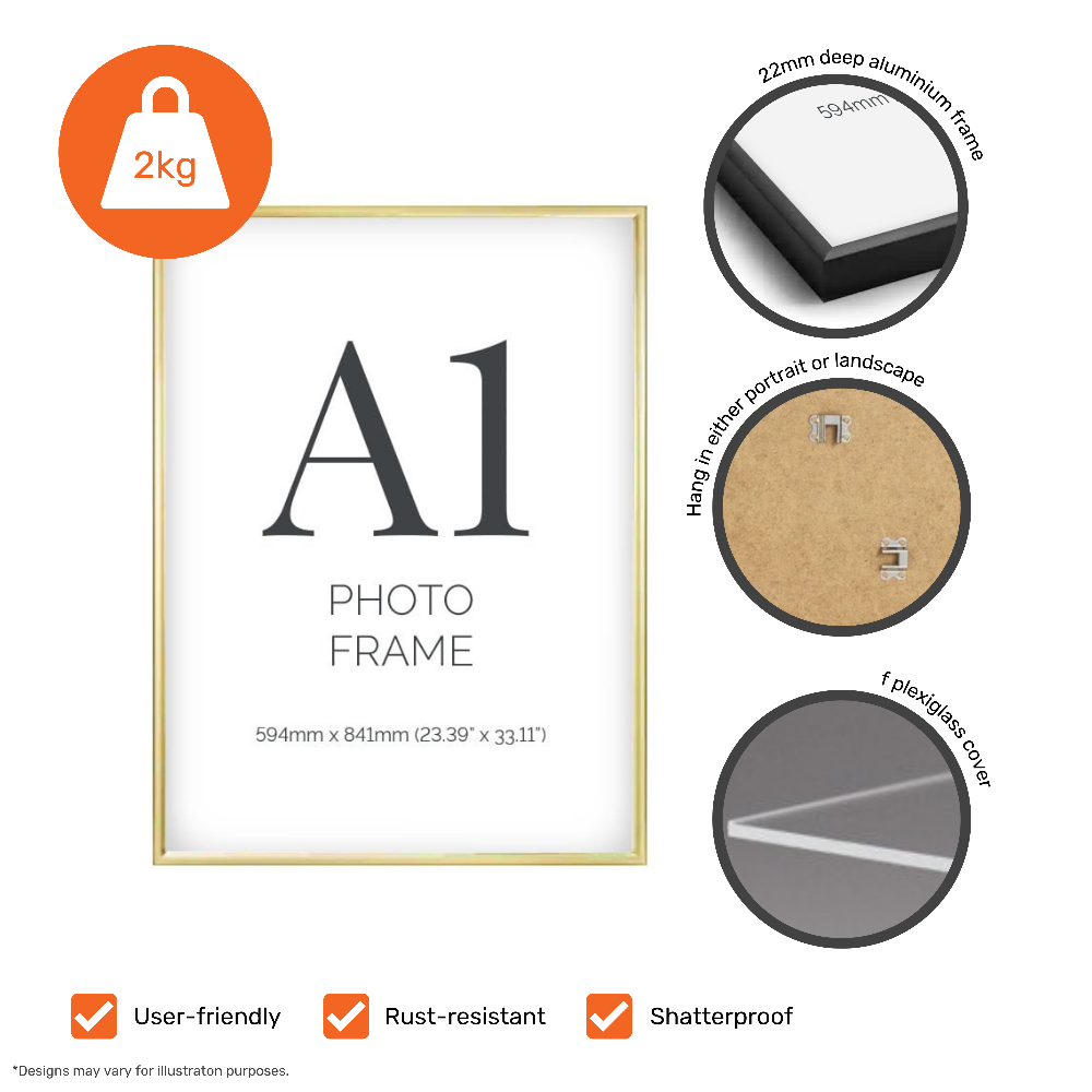 Elegant A1 gold aluminium frames with plexiglass front, pack of six, perfect for certificates, posters, and wall mounting in portrait or landscape.
