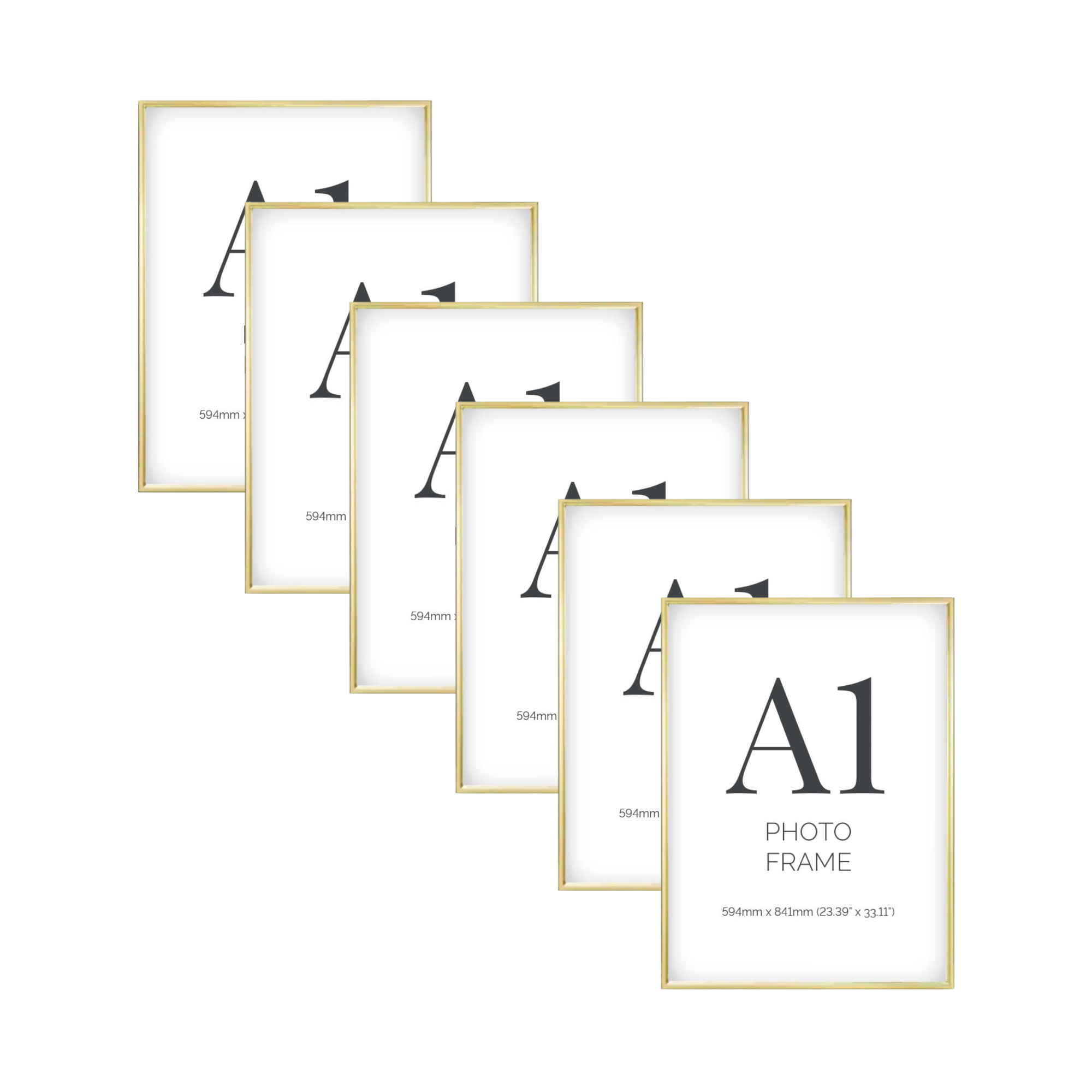 Pack of six A1 gold aluminium certificate frames with plexiglass front, suitable for portrait and landscape wall hanging.
