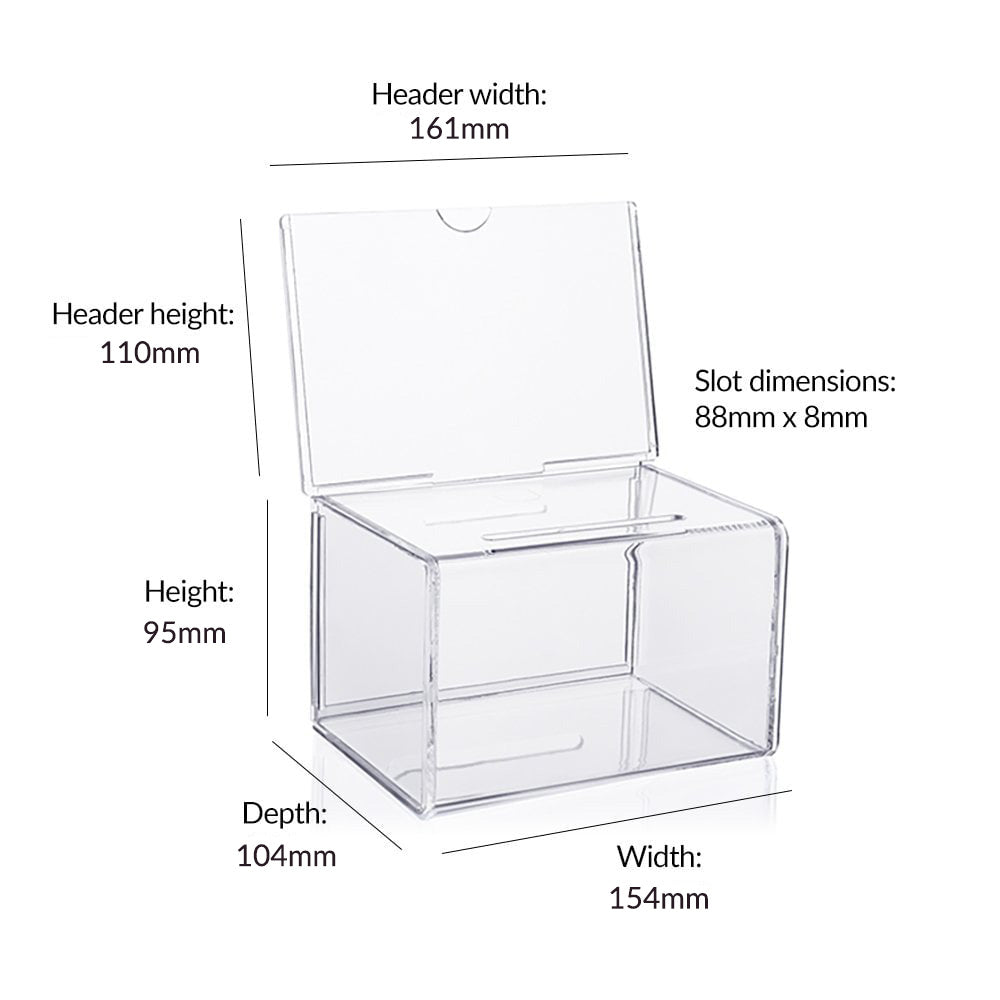 Set of six small clear acrylic suggestion boxes with inserts, suitable for collecting suggestions, feedback, or donations.