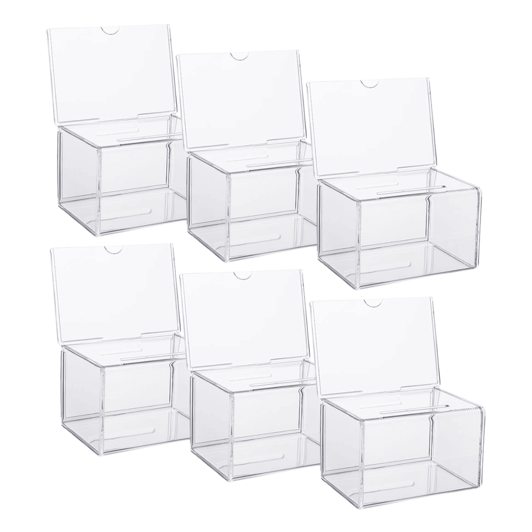 Pack of six small clear acrylic suggestion boxes with inserts for collecting feedback or notes.