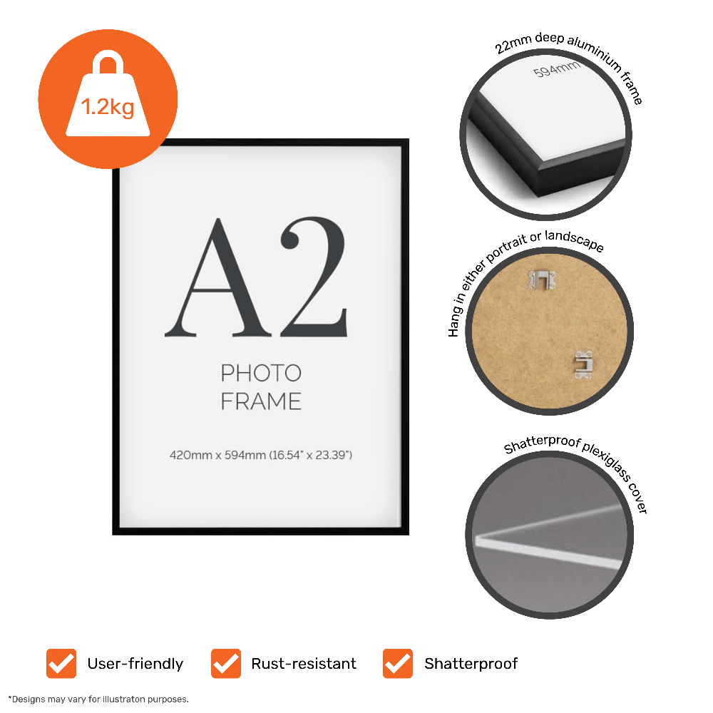 Durable A2 black aluminium certificate frames in a pack of 8, featuring a plexiglass front for secure document display.
