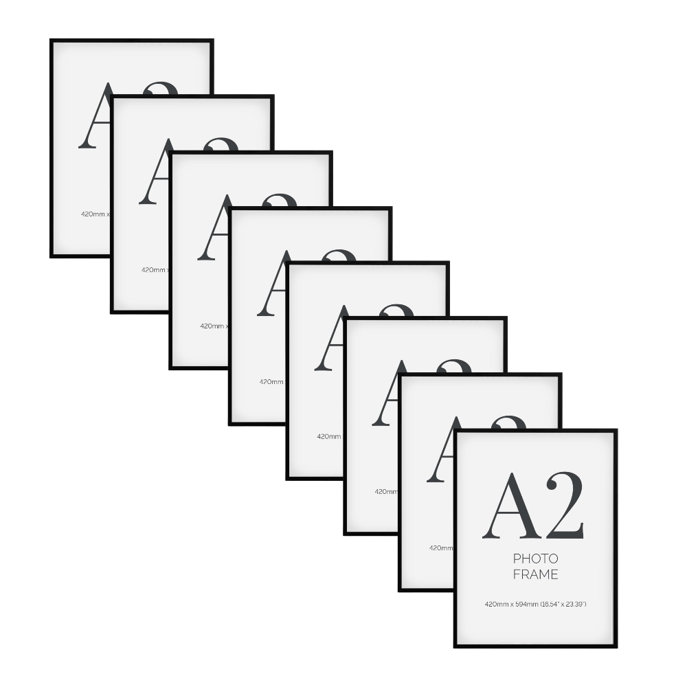 Pack of 8 A2 black aluminium certificate frames with plexiglass front, suitable for portrait and landscape wall mounting.
