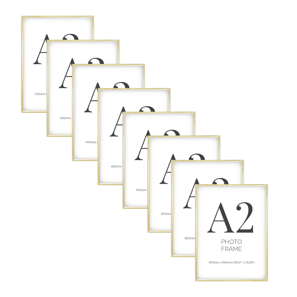 Pack of 8 A2 gold aluminium certificate frames with plexiglass front, suitable for portrait and landscape wall mounting.
