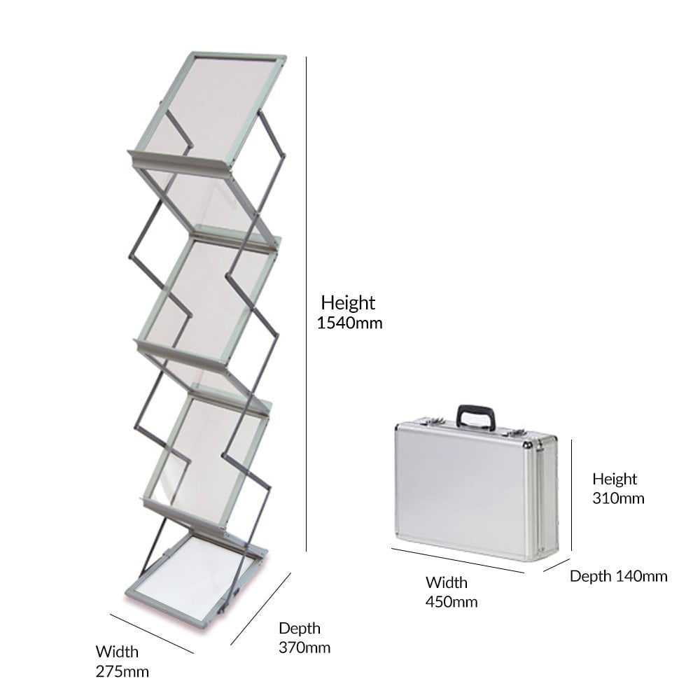 Portable and stylish A4 aluminium brochure stand with a zig-zag design, floor-standing, 275mm wide and 1540mm high, supplied with a protective case.