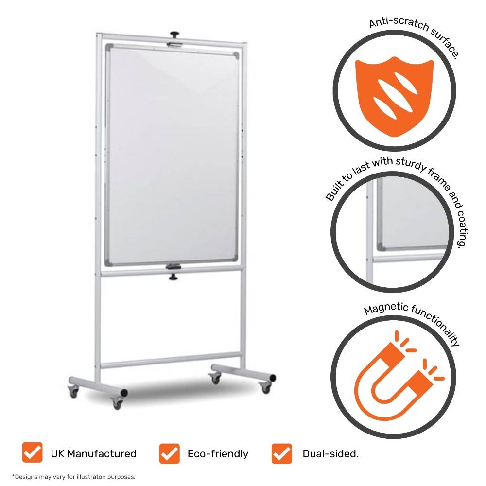 Premium portrait revolving whiteboard, magnetic and 900 x 1200mm in size, designed for both professional and educational environments.
