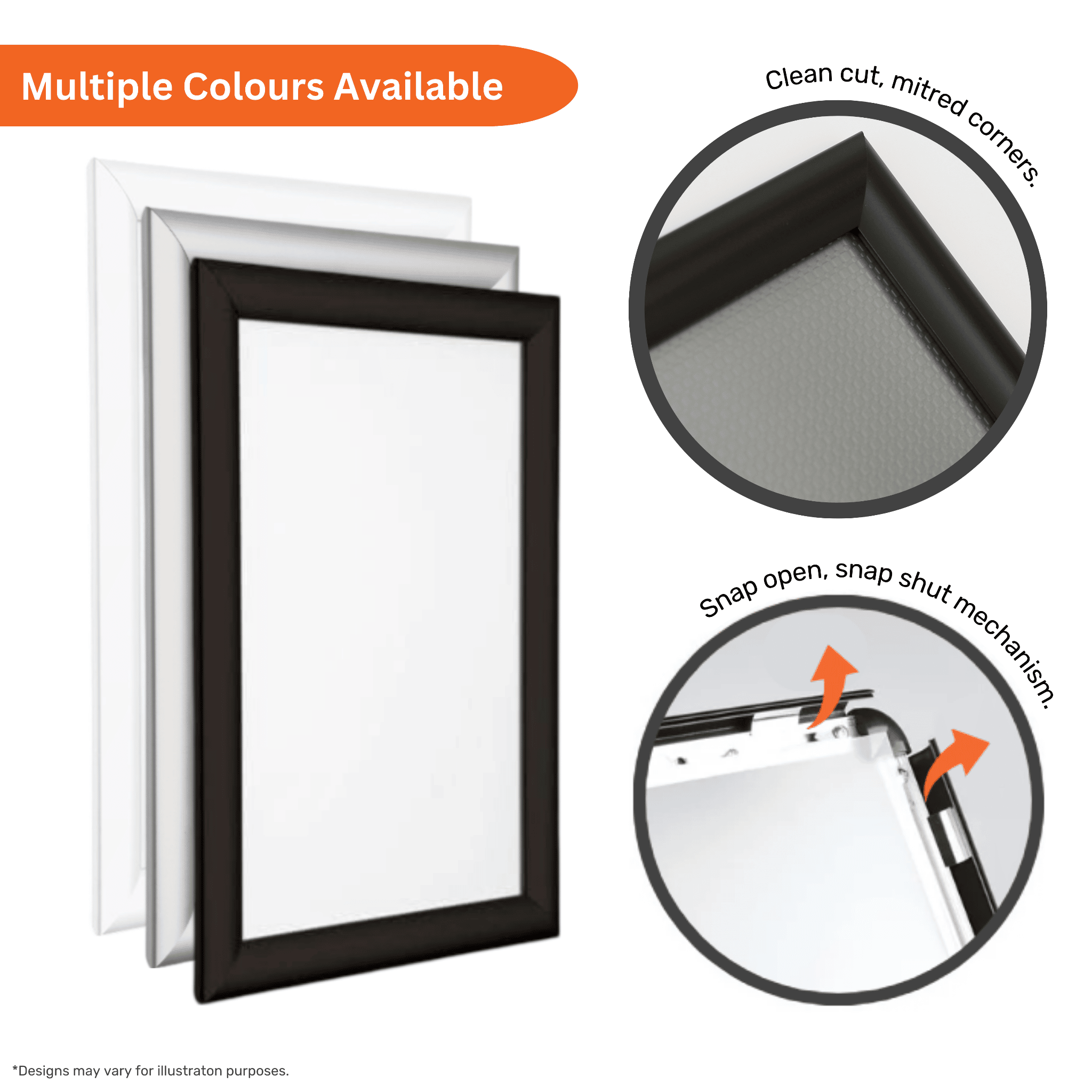 Snap frames featuring a mitred aluminium frame and wall fixings for professional display solutions.
