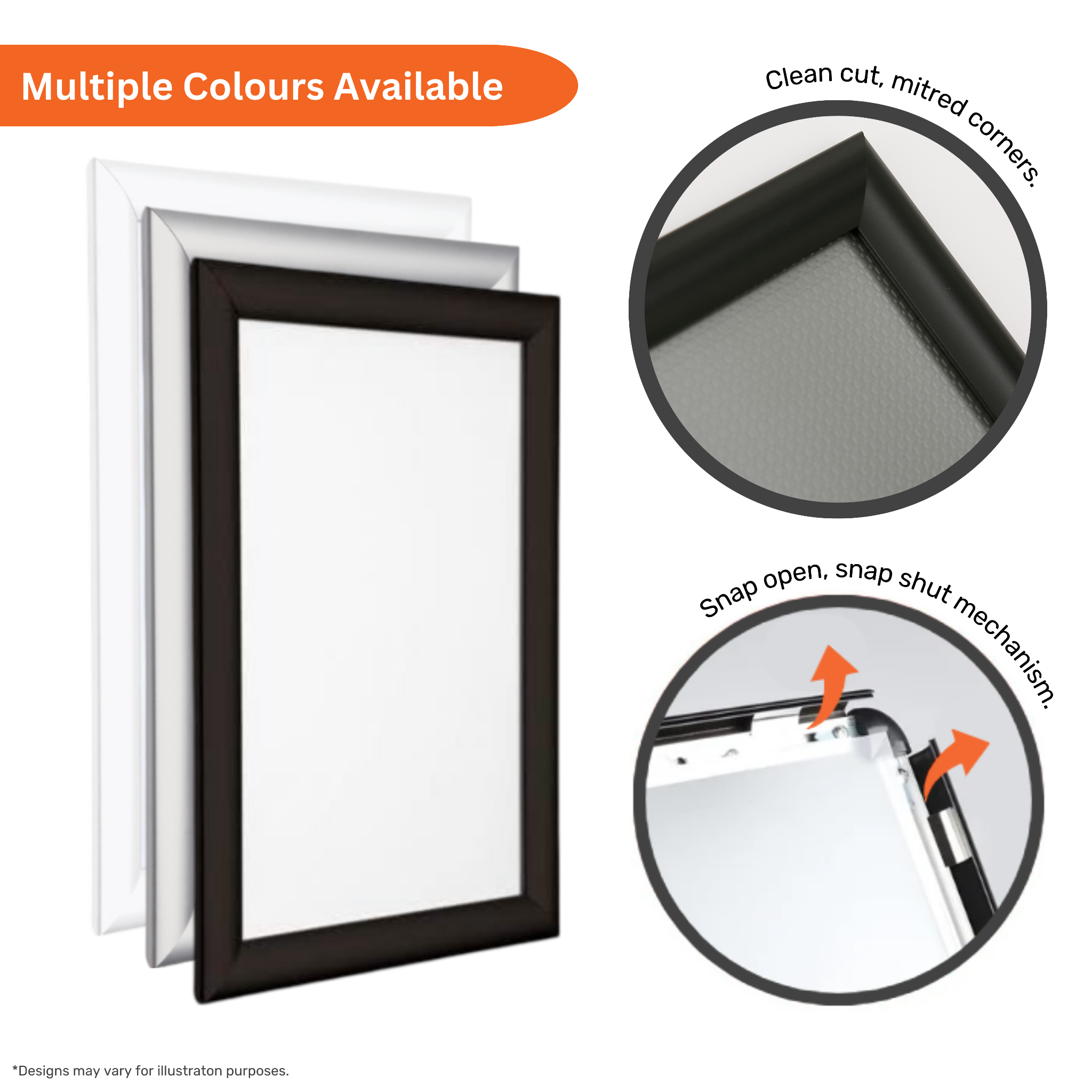 Snap frame featuring a mitred aluminium frame and wall fixings for professional display solutions.