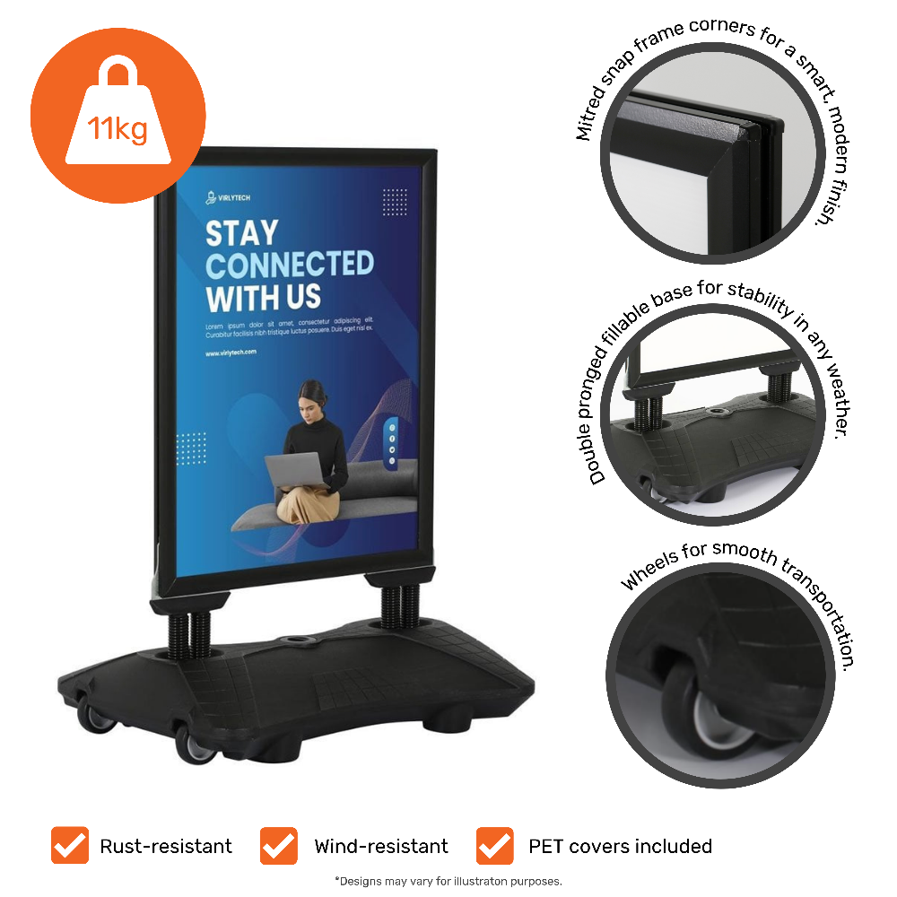 A high-quality A0 black pavement sign with a heavy-duty water-fillable base, providing excellent wind resistance and long-lasting durability for outdoor promotions.
