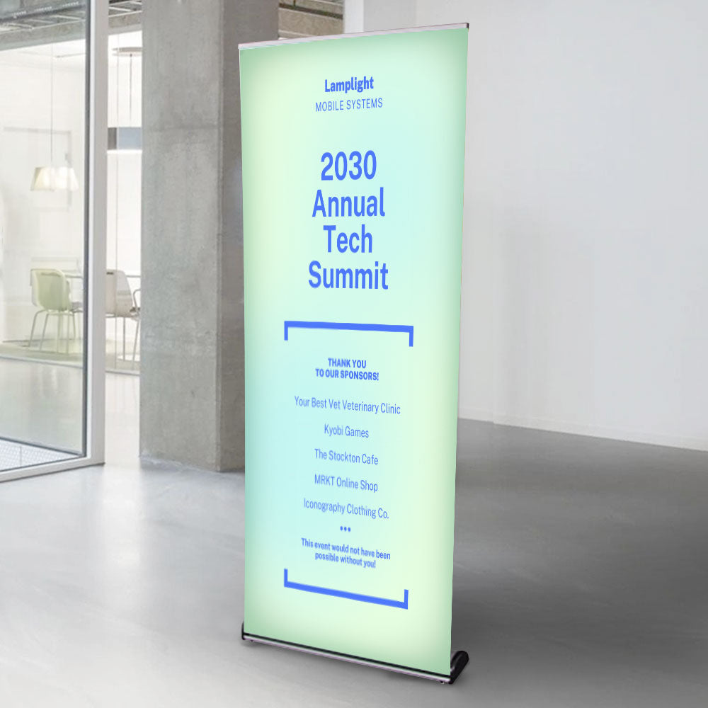 A premium aluminium front-loading roller banner stand designed for 2100mm high x 800mm wide banners, offering a sleek and professional display solution.
