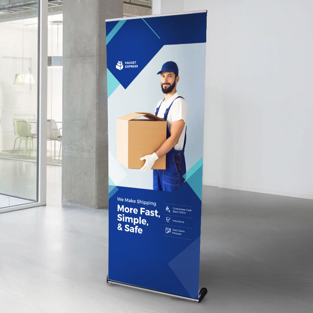 A premium aluminium front-loading roller banner stand designed for 2100mm high x 800mm wide banners, including a high-quality printing service for a professional and impactful display.
