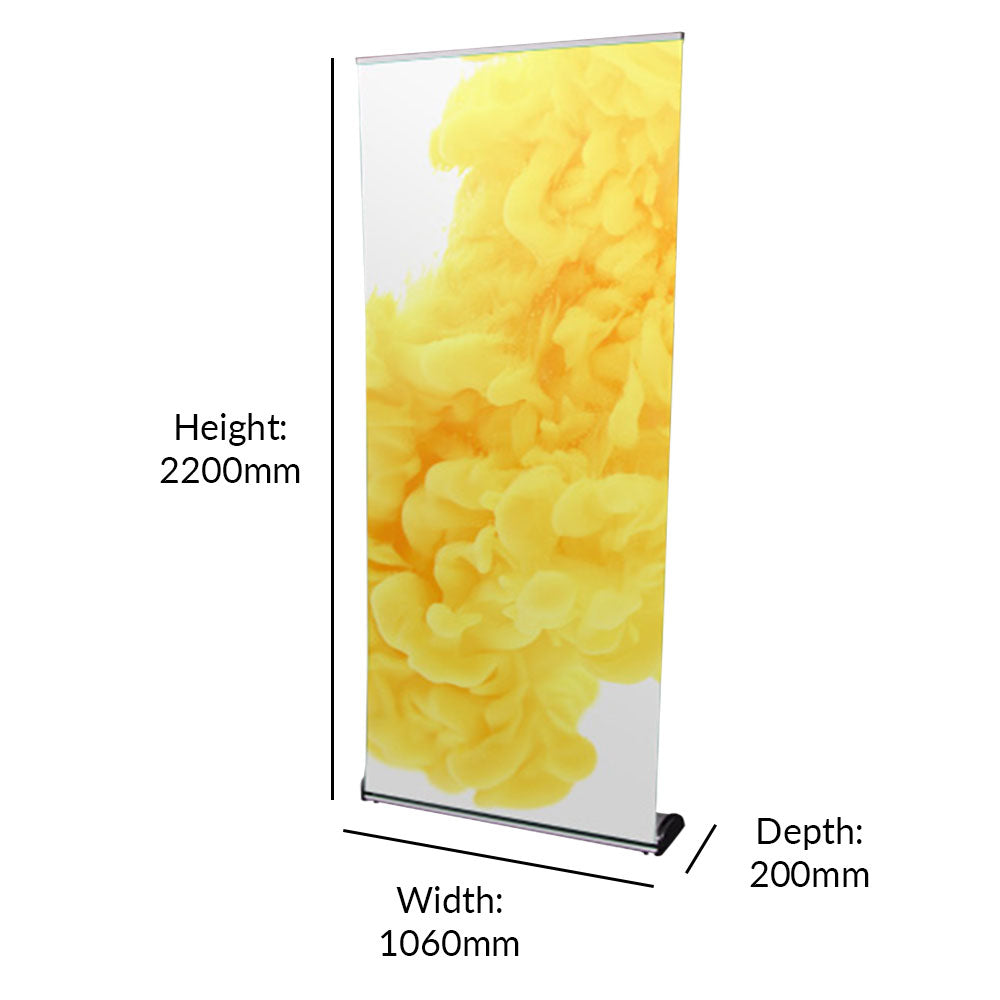 A durable and elegant aluminium roller banner stand, featuring a front-loading design for easy banner changes, compatible with 2100mm high x 1000mm wide banners.
