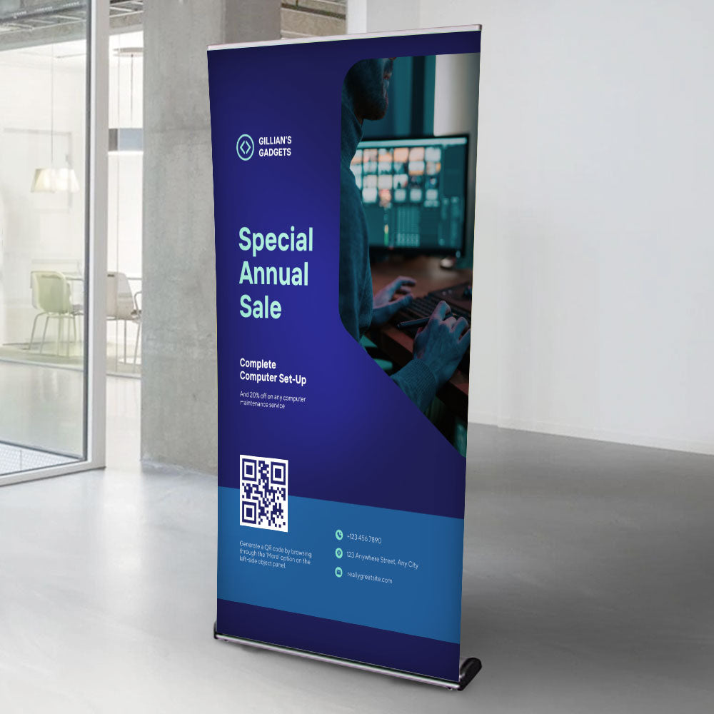 A premium aluminium front-loading roller banner stand, designed to hold 2100mm high x 1000mm wide banners, offering a sleek and professional display solution.
