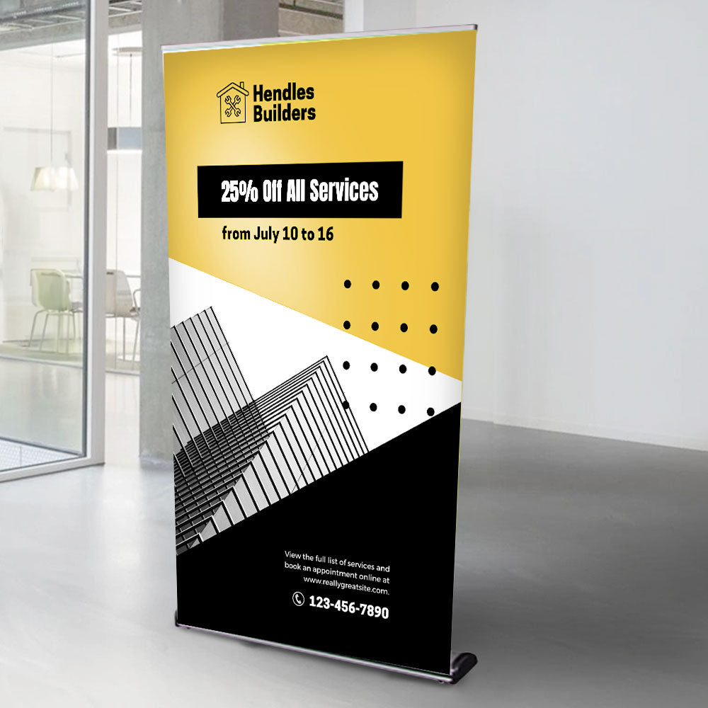 A premium aluminium front-loading roller banner stand, designed to support 2100mm high x 1200mm wide banners, offering a sleek and professional display solution.
