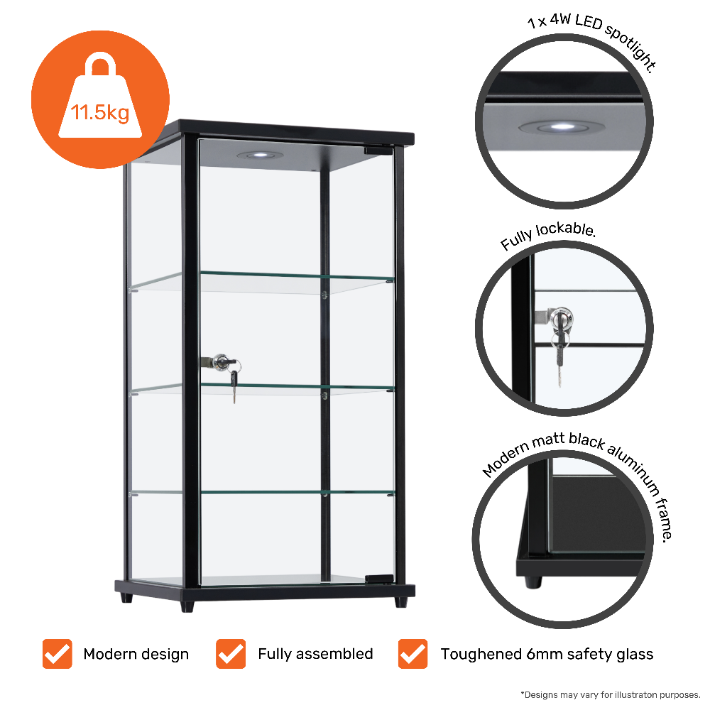 Sleek black aluminium tower display cabinet with glass panels, lockable design, three sturdy shelves, and bright LED lighting for enhanced visibility.
