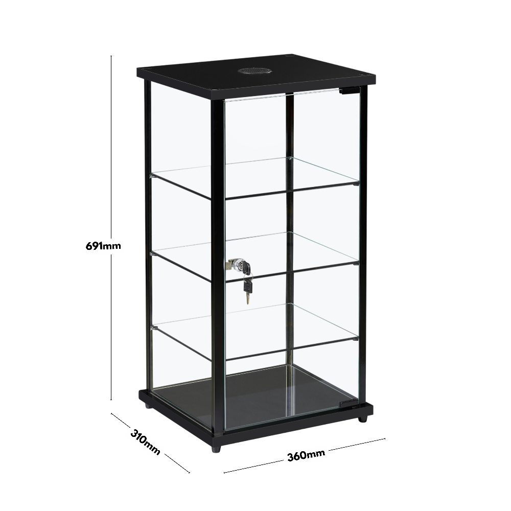 premium-black-aluminium-lockable-display-cabinet-showcase-with-glass-countertop-3-shelves-and-an-led-light-dimension-image	Modern lockable glass countertop display cabinet in black aluminium, featuring three spacious shelves and an LED light for an elegant retail display.
