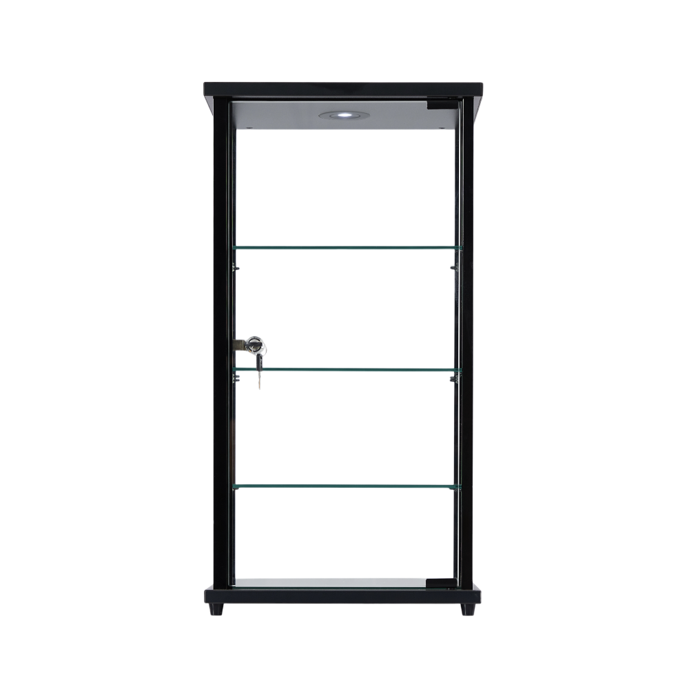 Compact and secure black aluminium glass tower display cabinet with three shelves, lockable access, and LED lighting, perfect for showcasing valuables.
