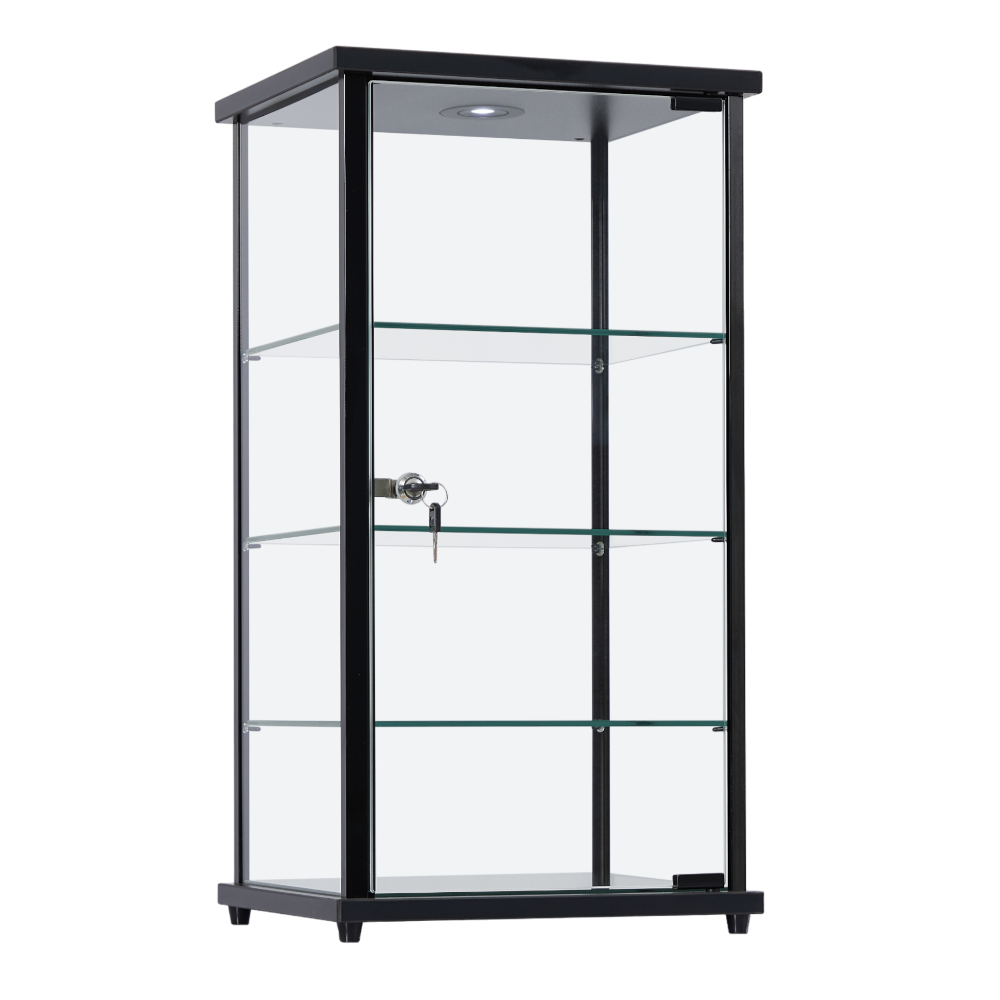 Premium Black Aluminium Lockable Display Cabinet Showcase With Glass Countertop, 3 Shelves and an LED Light