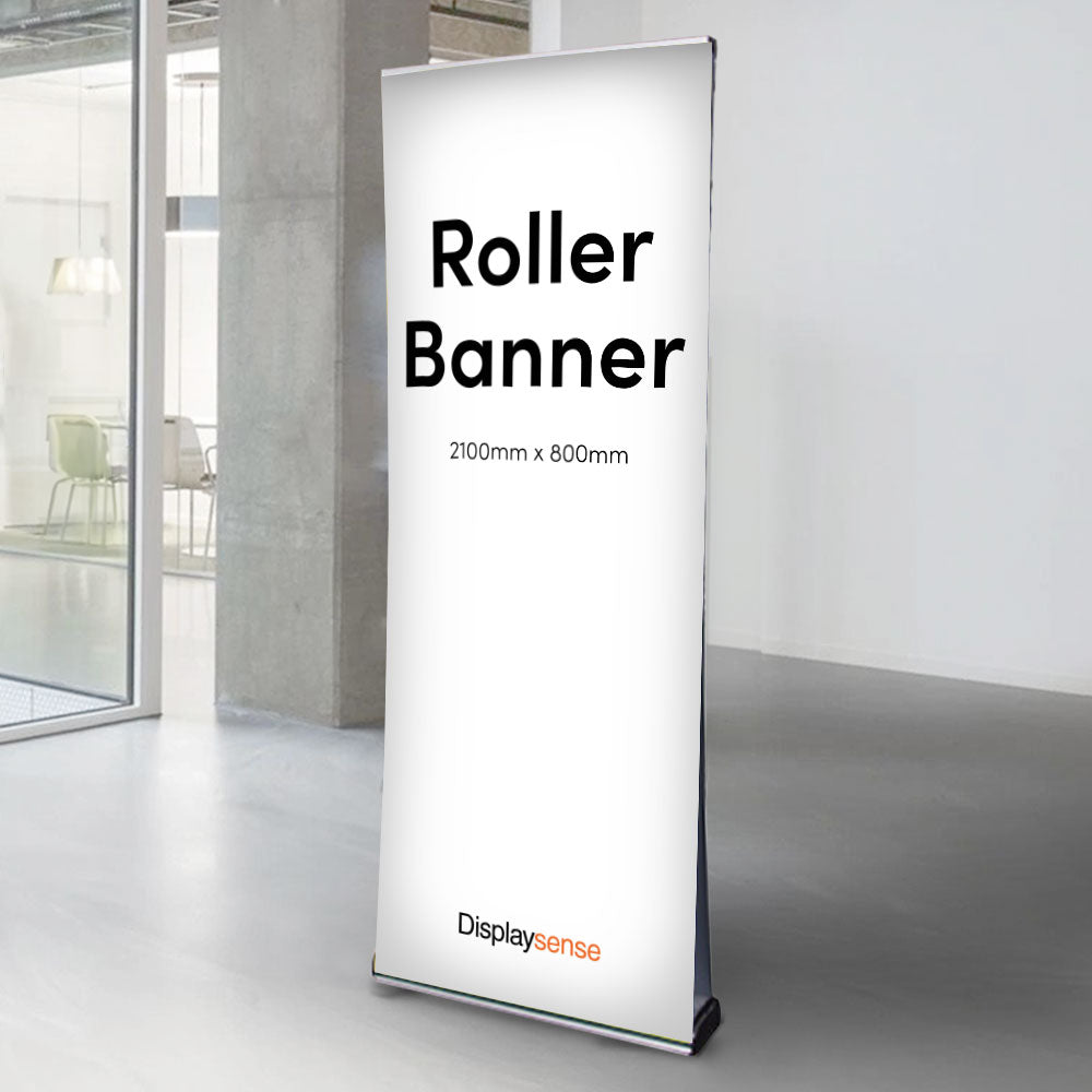 This sleek and durable double-sided aluminium roller banner stand features a front-loading mechanism for effortless setup, supplied with custom-printed 2100mm x 800mm graphics.
