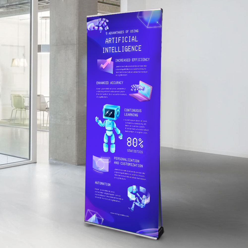 A premium double-sided aluminium front-loading roller banner stand, designed for 2100mm high x 800mm wide banners, complete with a high-quality printing service for a professional display.
