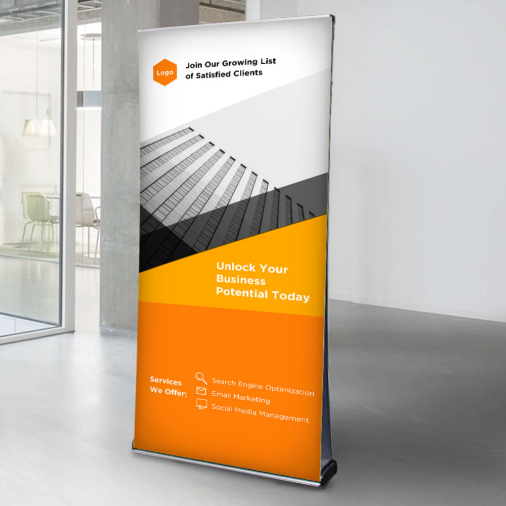 A premium double-sided aluminium front-loading roller banner stand designed for 2100mm high x 1200mm wide banners, complete with a high-quality printing service for maximum brand impact.
