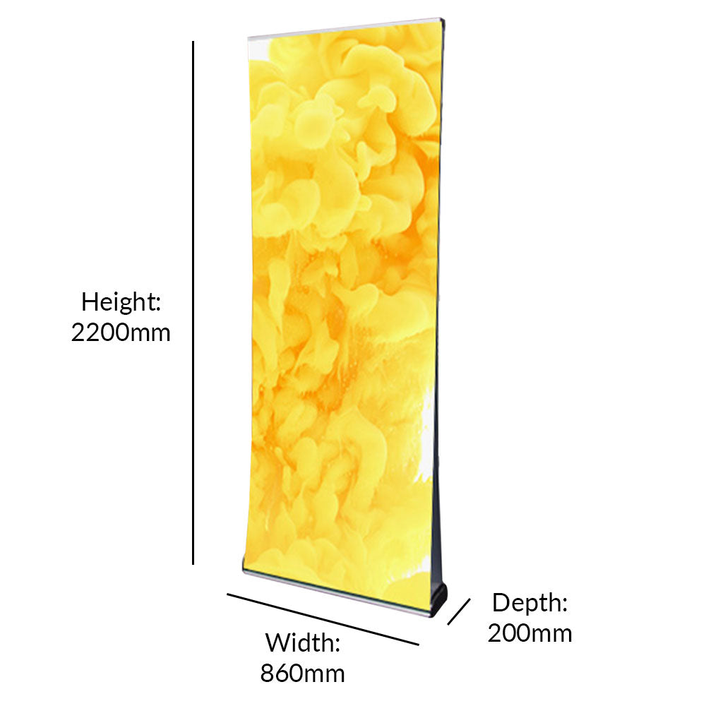 This high-quality double-sided aluminium roller banner stand features a front-loading mechanism for quick and easy banner changes, offering a stable structure for 2100mm x 800mm banners.
