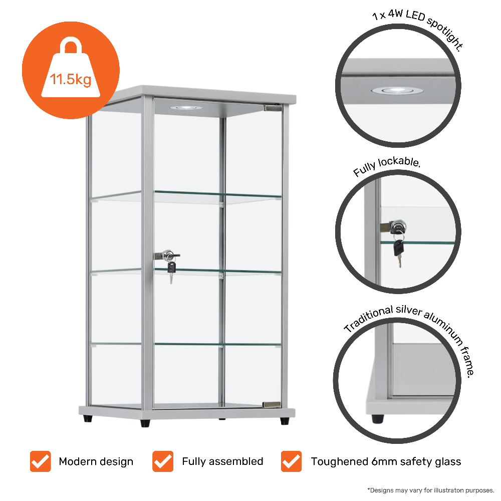 Modern lockable showcase cabinet in silver aluminium, featuring a glass countertop, three display shelves, and an LED light for enhanced visibility.
